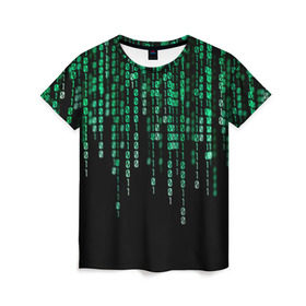 Женская футболка 3D с принтом Матрица , 100% полиэфир ( синтетическое хлопкоподобное полотно) | прямой крой, круглый вырез горловины, длина до линии бедер | background | black | green | matrix | movie | numbers | зеленые | матрица | фильм | фон | цифры | черный
