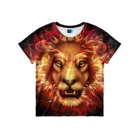 Детская футболка 3D с принтом Огненный лев , 100% гипоаллергенный полиэфир | прямой крой, круглый вырез горловины, длина до линии бедер, чуть спущенное плечо, ткань немного тянется | animal | fire | flame | head | lion | look | predator | взгляд | голова | животное | лев | огненный | огонь | пламя | хищник