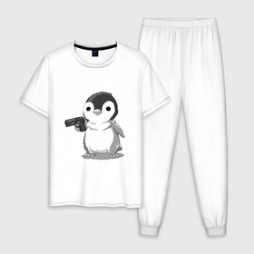 Мужская пижама хлопок с принтом пингвин , 100% хлопок | брюки и футболка прямого кроя, без карманов, на брюках мягкая резинка на поясе и по низу штанин
 | gun | penguin | shotgun | tmblr | tumbler | пингвин | пистолет