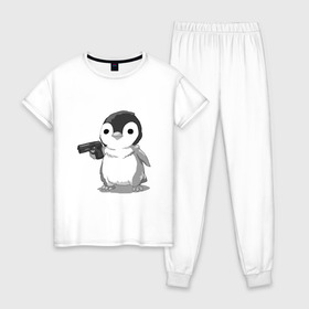 Женская пижама хлопок с принтом пингвин , 100% хлопок | брюки и футболка прямого кроя, без карманов, на брюках мягкая резинка на поясе и по низу штанин | gun | penguin | shotgun | tmblr | tumbler | пингвин | пистолет