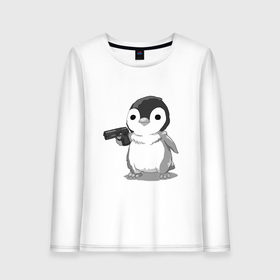 Женский лонгслив хлопок с принтом пингвин , 100% хлопок |  | gun | penguin | shotgun | tmblr | tumbler | пингвин | пистолет