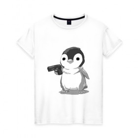 Женская футболка хлопок с принтом пингвин , 100% хлопок | прямой крой, круглый вырез горловины, длина до линии бедер, слегка спущенное плечо | gun | penguin | shotgun | tmblr | tumbler | пингвин | пистолет