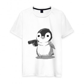 Мужская футболка хлопок с принтом пингвин , 100% хлопок | прямой крой, круглый вырез горловины, длина до линии бедер, слегка спущенное плечо. | gun | penguin | shotgun | tmblr | tumbler | пингвин | пистолет