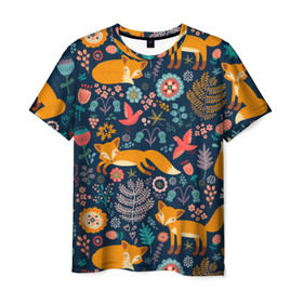Мужская футболка 3D с принтом Лисички паттерн , 100% полиэфир | прямой крой, круглый вырез горловины, длина до линии бедер | fox | животные | лиса | лисичка | лисы | осень | рыжая | фыр фыр | цветы