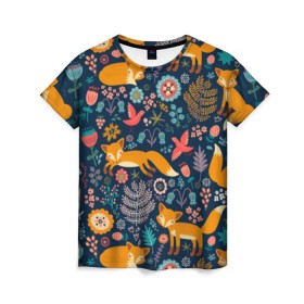 Женская футболка 3D с принтом Лисички паттерн , 100% полиэфир ( синтетическое хлопкоподобное полотно) | прямой крой, круглый вырез горловины, длина до линии бедер | fox | животные | лиса | лисичка | лисы | осень | рыжая | фыр фыр | цветы
