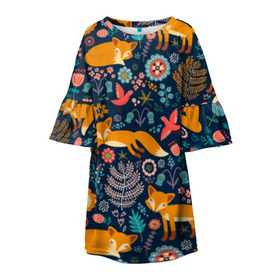 Детское платье 3D с принтом Лисички паттерн , 100% полиэстер | прямой силуэт, чуть расширенный к низу. Круглая горловина, на рукавах — воланы | fox | животные | лиса | лисичка | лисы | осень | рыжая | фыр фыр | цветы