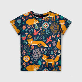 Детская футболка 3D с принтом Лисички паттерн , 100% гипоаллергенный полиэфир | прямой крой, круглый вырез горловины, длина до линии бедер, чуть спущенное плечо, ткань немного тянется | fox | животные | лиса | лисичка | лисы | осень | рыжая | фыр фыр | цветы