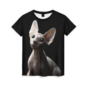 Женская футболка 3D с принтом Сфинкс , 100% полиэфир ( синтетическое хлопкоподобное полотно) | прямой крой, круглый вырез горловины, длина до линии бедер | black | cat | взгляд | кот | котик | котэ | кошка | сфинкс | уши | черный