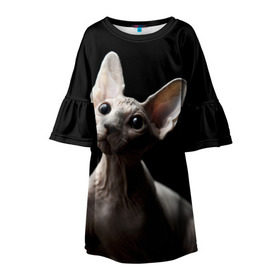 Детское платье 3D с принтом Сфинкс , 100% полиэстер | прямой силуэт, чуть расширенный к низу. Круглая горловина, на рукавах — воланы | Тематика изображения на принте: black | cat | взгляд | кот | котик | котэ | кошка | сфинкс | уши | черный