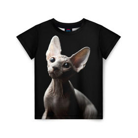 Детская футболка 3D с принтом Сфинкс , 100% гипоаллергенный полиэфир | прямой крой, круглый вырез горловины, длина до линии бедер, чуть спущенное плечо, ткань немного тянется | black | cat | взгляд | кот | котик | котэ | кошка | сфинкс | уши | черный