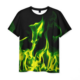 Мужская футболка 3D с принтом Зелёный огонь , 100% полиэфир | прямой крой, круглый вырез горловины, длина до линии бедер | Тематика изображения на принте: пламя | черный | яркий