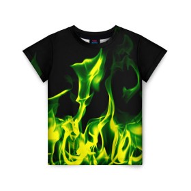 Детская футболка 3D с принтом Зелёный огонь , 100% гипоаллергенный полиэфир | прямой крой, круглый вырез горловины, длина до линии бедер, чуть спущенное плечо, ткань немного тянется | Тематика изображения на принте: пламя | черный | яркий