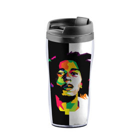 Термокружка-непроливайка с принтом Bob Marley , внутренняя часть — пищевой пластик, наружная часть — прозрачный пластик, между ними — полиграфическая вставка с рисунком | объем — 350 мл, герметичная крышка | боб марли | поп арт