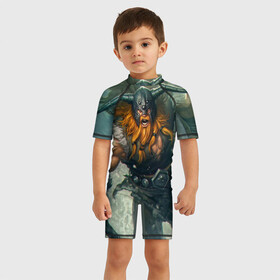 Детский купальный костюм 3D с принтом Olaf , Полиэстер 85%, Спандекс 15% | застежка на молнии на спине | Тематика изображения на принте: league of legends | lol | olaf | viking | викинг | лига легенд | лол | олаф