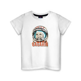Детская футболка хлопок с принтом Юрий Гагарин. Первый в космосе , 100% хлопок | круглый вырез горловины, полуприлегающий силуэт, длина до линии бедер | Тематика изображения на принте: восток | звезды | космов | первый | ракета | ссср | юрий гагарин