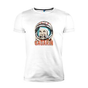 Мужская футболка премиум с принтом Юрий Гагарин. Первый в космосе , 92% хлопок, 8% лайкра | приталенный силуэт, круглый вырез ворота, длина до линии бедра, короткий рукав | восток | звезды | космов | первый | ракета | ссср | юрий гагарин