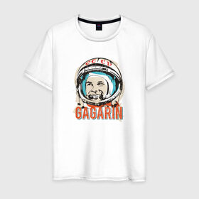 Мужская футболка хлопок с принтом Юрий Гагарин. Первый в космосе , 100% хлопок | прямой крой, круглый вырез горловины, длина до линии бедер, слегка спущенное плечо. | восток | звезды | космов | первый | ракета | ссср | юрий гагарин