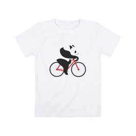 Детская футболка хлопок с принтом Панда на велосипеде , 100% хлопок | круглый вырез горловины, полуприлегающий силуэт, длина до линии бедер | Тематика изображения на принте: велик | велосипед | медведь | мишка | панда