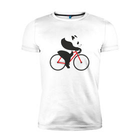 Мужская футболка премиум с принтом Панда на велосипеде , 92% хлопок, 8% лайкра | приталенный силуэт, круглый вырез ворота, длина до линии бедра, короткий рукав | Тематика изображения на принте: велик | велосипед | медведь | мишка | панда