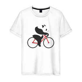 Мужская футболка хлопок с принтом Панда на велосипеде , 100% хлопок | прямой крой, круглый вырез горловины, длина до линии бедер, слегка спущенное плечо. | Тематика изображения на принте: велик | велосипед | медведь | мишка | панда