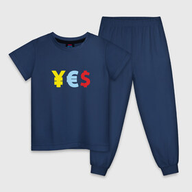 Детская пижама хлопок с принтом YES! йена, доллар, евро , 100% хлопок |  брюки и футболка прямого кроя, без карманов, на брюках мягкая резинка на поясе и по низу штанин
 | америка | бакс | валюта | доллар | евро | европа | сша | штаты | япония