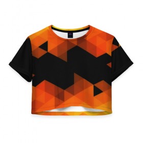 Женская футболка 3D укороченная с принтом Trianse Orange , 100% полиэстер | круглая горловина, длина футболки до линии талии, рукава с отворотами | оранжевый | полигоны | треугольники | черный