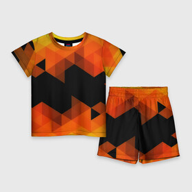 Детский костюм с шортами 3D с принтом Trianse Orange ,  |  | оранжевый | полигоны | треугольники | черный