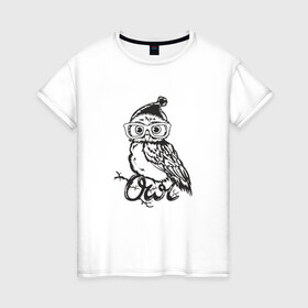 Женская футболка хлопок с принтом Сова в шапке , 100% хлопок | прямой крой, круглый вырез горловины, длина до линии бедер, слегка спущенное плечо | bird | owl | няша | птица | сова | совунья | совушка | сыч