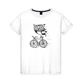 Женская футболка хлопок с принтом Сова на велосипеде , 100% хлопок | прямой крой, круглый вырез горловины, длина до линии бедер, слегка спущенное плечо | bird | owl | няша | птица | сова | совунья | совушка | сыч