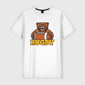 Мужская футболка премиум с принтом Rugby. Bear. , 92% хлопок, 8% лайкра | приталенный силуэт, круглый вырез ворота, длина до линии бедра, короткий рукав | america | brokenfinger | dotrugby | league | nails | rugby | rugbyunion | usa | womensrugby | медведь | мяч | регби | россия