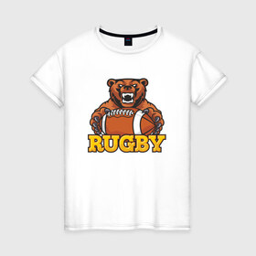 Женская футболка хлопок с принтом Rugby. Bear. , 100% хлопок | прямой крой, круглый вырез горловины, длина до линии бедер, слегка спущенное плечо | america | brokenfinger | dotrugby | league | nails | rugby | rugbyunion | usa | womensrugby | медведь | мяч | регби | россия