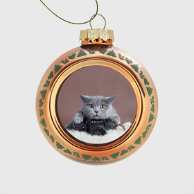 Стеклянный ёлочный шар с принтом Котик фотограф , Стекло | Диаметр: 80 мм | кот | котик | кошка | объектив | фотоаппарат | фотограф
