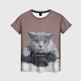 Женская футболка 3D с принтом Котик фотограф , 100% полиэфир ( синтетическое хлопкоподобное полотно) | прямой крой, круглый вырез горловины, длина до линии бедер | кот | котик | кошка | объектив | фотоаппарат | фотограф