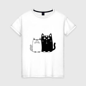 Женская футболка хлопок с принтом Влюбленные коты , 100% хлопок | прямой крой, круглый вырез горловины, длина до линии бедер, слегка спущенное плечо | 14 февраля | влюбленным | девушке | кот | коты | котята. | кошка | любовь | мужчине | парню | подарок