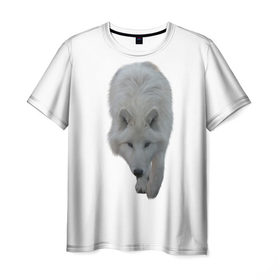 Мужская футболка 3D с принтом Белый волк , 100% полиэфир | прямой крой, круглый вырез горловины, длина до линии бедер | 
