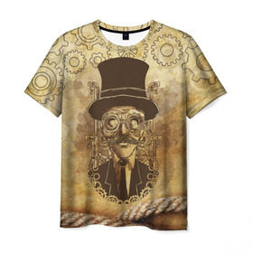 Мужская футболка 3D с принтом Стимпанк человек , 100% полиэфир | прямой крой, круглый вырез горловины, длина до линии бедер | steampunk | steampunk man | в цилиндре | в шляпе | канат | механизм | стимпанк | усы | человек