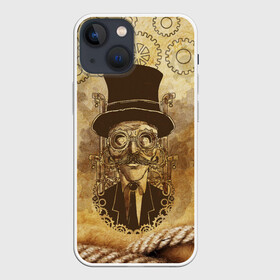 Чехол для iPhone 13 mini с принтом Стимпанк человек ,  |  | steampunk | steampunk man | в цилиндре | в шляпе | канат | механизм | стимпанк | усы | человек