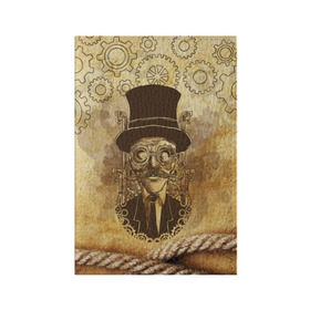 Обложка для паспорта матовая кожа с принтом Стимпанк человек , натуральная матовая кожа | размер 19,3 х 13,7 см; прозрачные пластиковые крепления | Тематика изображения на принте: steampunk | steampunk man | в цилиндре | в шляпе | канат | механизм | стимпанк | усы | человек