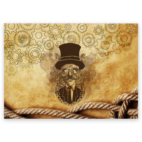 Поздравительная открытка с принтом Стимпанк человек , 100% бумага | плотность бумаги 280 г/м2, матовая, на обратной стороне линовка и место для марки
 | Тематика изображения на принте: steampunk | steampunk man | в цилиндре | в шляпе | канат | механизм | стимпанк | усы | человек