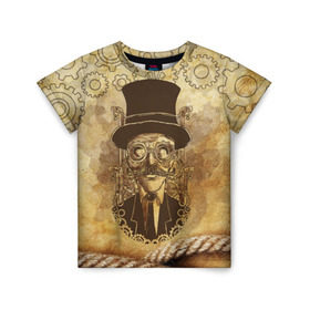 Детская футболка 3D с принтом Стимпанк человек , 100% гипоаллергенный полиэфир | прямой крой, круглый вырез горловины, длина до линии бедер, чуть спущенное плечо, ткань немного тянется | steampunk | steampunk man | в цилиндре | в шляпе | канат | механизм | стимпанк | усы | человек