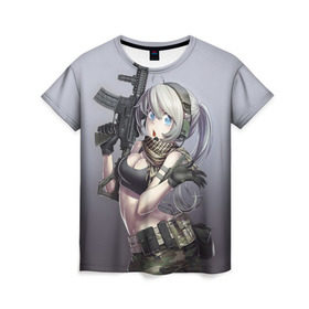 Женская футболка 3D с принтом Девушка с оружием , 100% полиэфир ( синтетическое хлопкоподобное полотно) | прямой крой, круглый вырез горловины, длина до линии бедер | anime | automatic | beautiful | girl | guns | japanese | автомат | аниме | девушка | красивая | оружие | японский