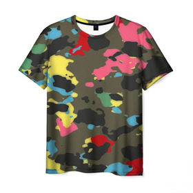 Мужская футболка 3D с принтом Цветной камуфляж , 100% полиэфир | прямой крой, круглый вырез горловины, длина до линии бедер | маскировка | пестрый | разноцветный | яркий