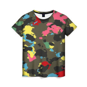 Женская футболка 3D с принтом Цветной камуфляж , 100% полиэфир ( синтетическое хлопкоподобное полотно) | прямой крой, круглый вырез горловины, длина до линии бедер | маскировка | пестрый | разноцветный | яркий