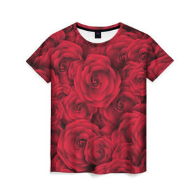 Женская футболка 3D с принтом Красные розы , 100% полиэфир ( синтетическое хлопкоподобное полотно) | прямой крой, круглый вырез горловины, длина до линии бедер | любовь | мозаика | розы | сердце | узор