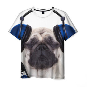 Мужская футболка 3D с принтом Мопс в наушниках , 100% полиэфир | прямой крой, круглый вырез горловины, длина до линии бедер | дворняжка | домашние животные | любимец | мопс | пес | песик | питомец | собака | собачка