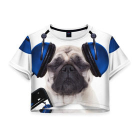 Женская футболка 3D укороченная с принтом Мопс в наушниках , 100% полиэстер | круглая горловина, длина футболки до линии талии, рукава с отворотами | дворняжка | домашние животные | любимец | мопс | пес | песик | питомец | собака | собачка