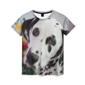 Женская футболка 3D с принтом Далматин , 100% полиэфир ( синтетическое хлопкоподобное полотно) | прямой крой, круглый вырез горловины, длина до линии бедер | акита | акита ину | далматин | далматинец | дворняга | ину | лабрадор | любимец | овчарка | пес | питомец | самоед | сиба | сиба ину | собака | собачка | щенок