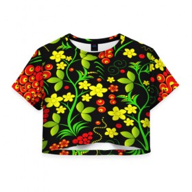 Женская футболка 3D укороченная с принтом Natural flowers , 100% полиэстер | круглая горловина, длина футболки до линии талии, рукава с отворотами | flower | орнамент | паттерн | хохлома | цветы