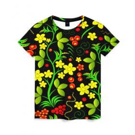 Женская футболка 3D с принтом Natural flowers , 100% полиэфир ( синтетическое хлопкоподобное полотно) | прямой крой, круглый вырез горловины, длина до линии бедер | flower | орнамент | паттерн | хохлома | цветы
