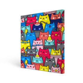 Холст квадратный с принтом Котики , 100% ПВХ |  | кошки | паттерн | разноцветный | яркий